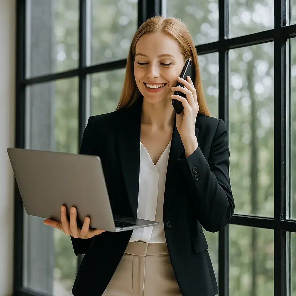 Kobieta rozmawiająca przez telefon i trzymająca laptopa w reku